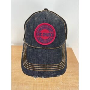 Eric Church Dark Denim Trucker Hat Snapback Mesh Contrast Stitch Distressed Brim